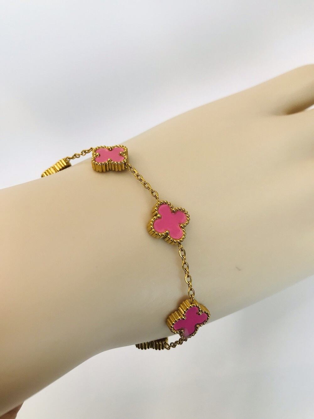 Stainless Steel Clover Bracelet for Women Lucky Pink Four leaf Bracelet sz 8